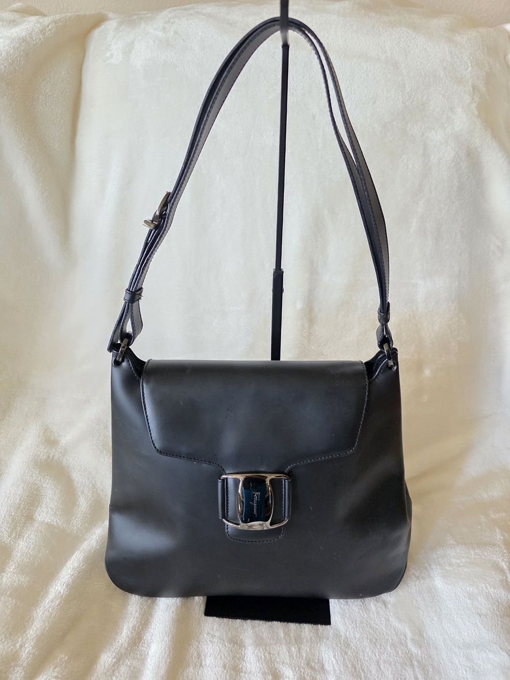 Ferragamo Black Shoulder Bag with Gunmetal Hardware